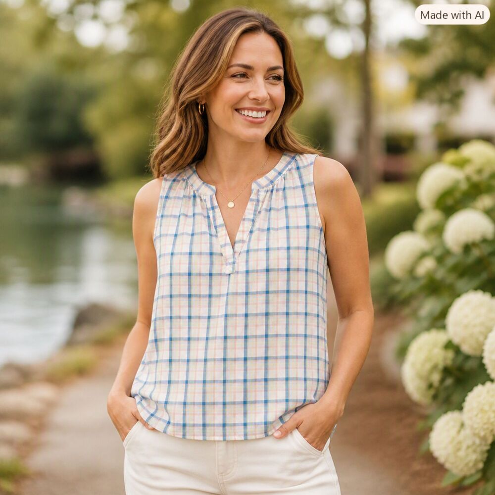St. John’s Bay Pastel Plaid Sleeveless Top – Size M